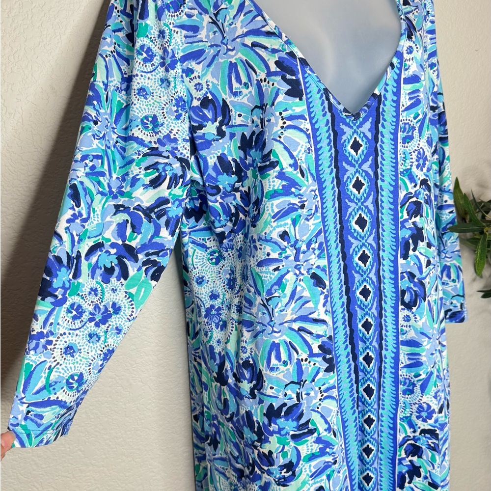 Lilly Pulitzer Blue Tropical Print Maxi Dress XL V Neck Resort Vacation Dress - Picture 2 of 6